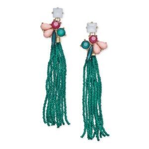 *50off3* NWT INC 3" Gold-Tone Stone Beaded Fringe Drop Earrings Teal Tassel Pink